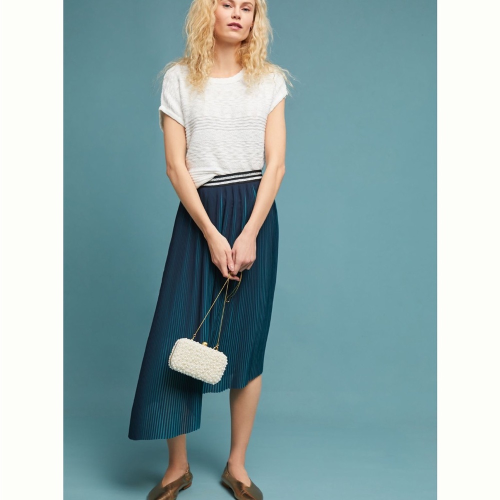 SEEN WORN KEPT Pleated Skirt Anthropologie Green + BLUE Asymmetrical Midi length